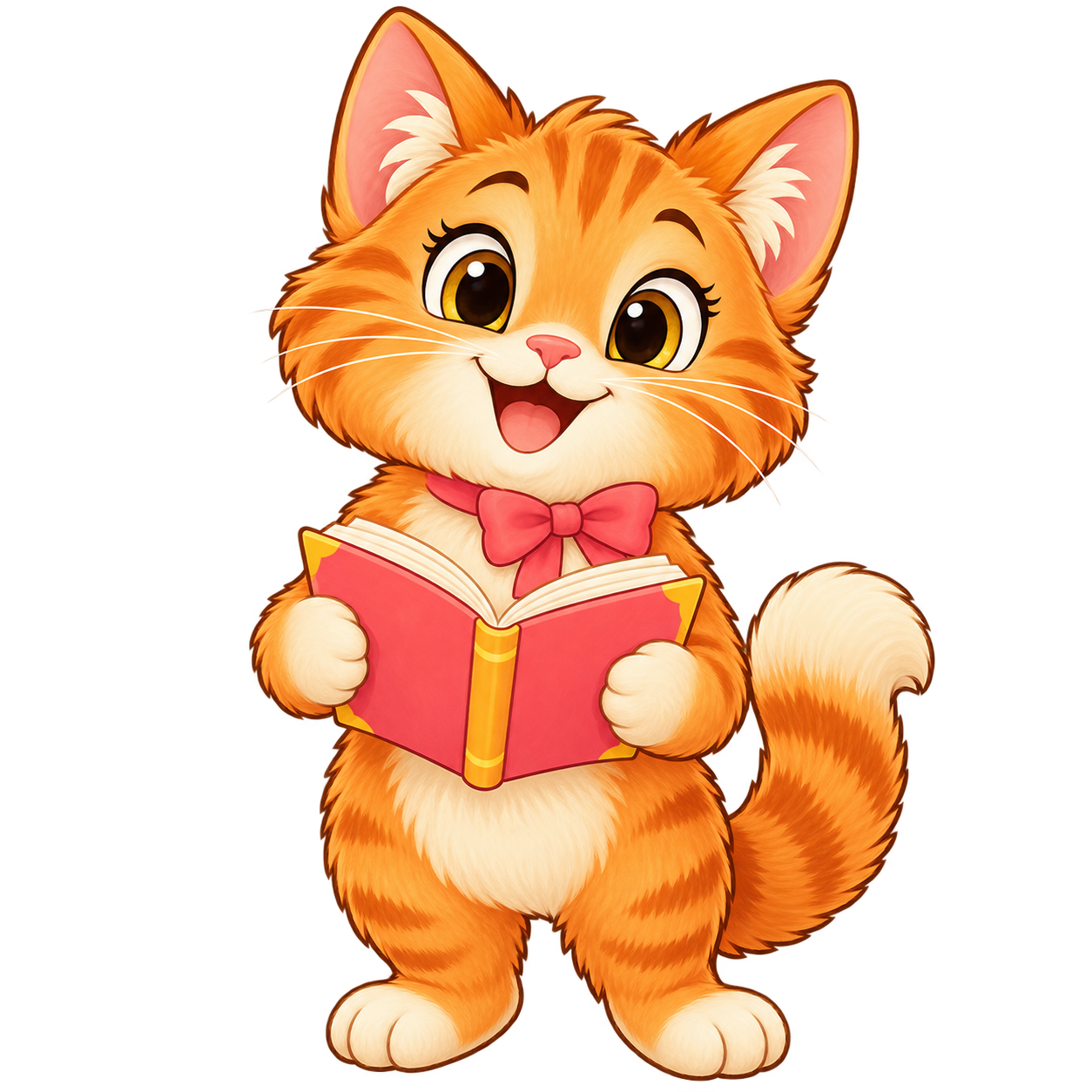 A cheerful orange cat reading a book